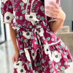 Red Floral Print Trimmed Short Puff Sleeve Mini Dress with Belt