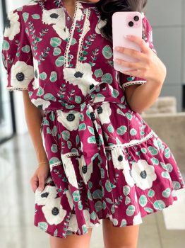 Red Floral Print Trimmed Short Puff Sleeve Mini Dress with Belt