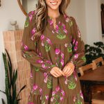 Brown Contrast Floral Print Babydoll Tunic Ruffled Hem Puff Sleeve Dress
