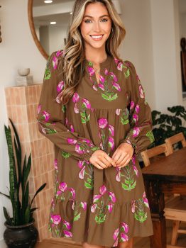 Brown Contrast Floral Print Babydoll Tunic Ruffled Hem Puff Sleeve Dress