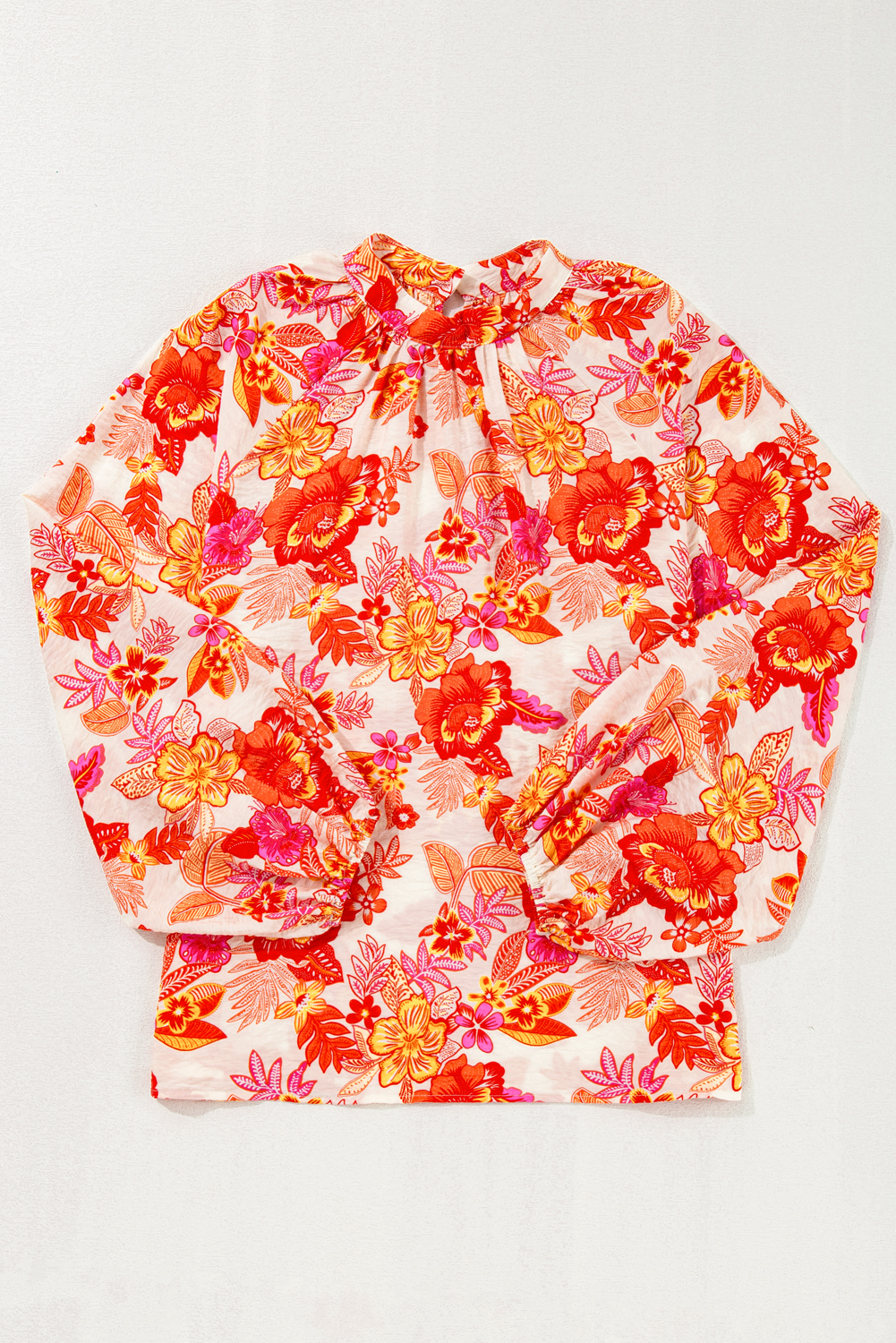 Orange Floral Print Pearl Button Keyhole Long Puff Sleeve Blouse - Image 5