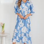 Sky Blue Floral Print Shirt Collar Button Down 3/4 Sleeve Ruffle Hem Long Dress
