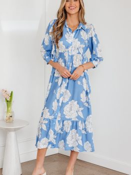 Sky Blue Floral Print Shirt Collar Button Down 3/4 Sleeve Ruffle Hem Long Dress
