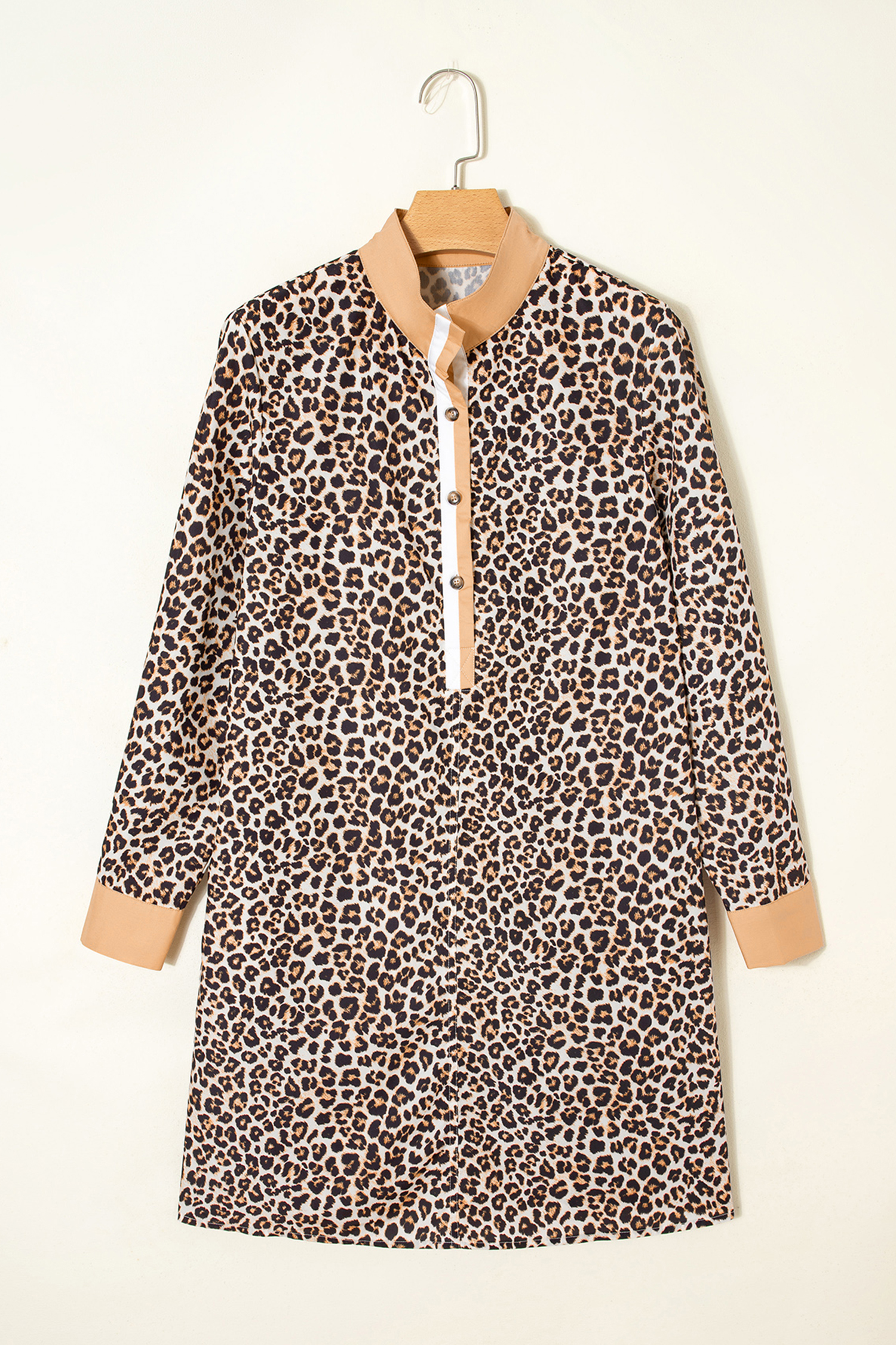 Khaki Button Striped Collar Leopard Print Long Sleeve Flared Dress - Image 4