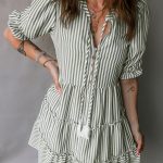 Green Stripe Tasseled Tie Neck Ruffled Short Sleeve Tiered Flattering Dress