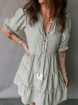 Green Stripe Tasseled Tie Neck Ruffled Short Sleeve Tiered Flattering Dress