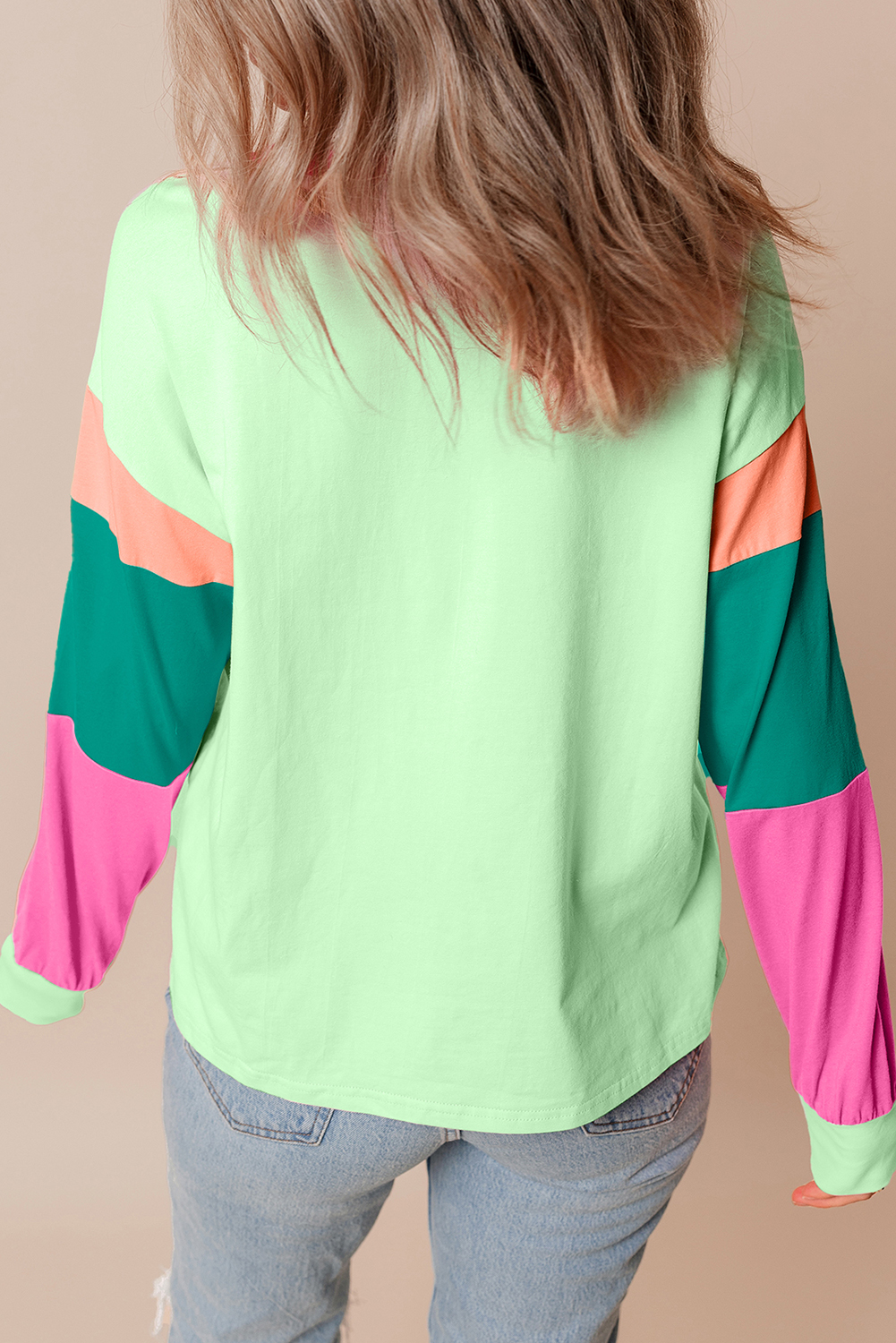 Green Colorblock Patchwork Long Sleeve Loose Top - Image 8