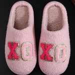 Pink XO XO Glitter Trim Letter Patched Plush House Slippers