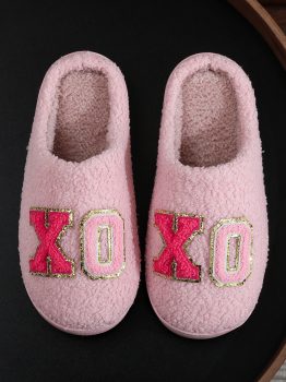 Pink XO XO Glitter Trim Letter Patched Plush House Slippers