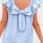 Beau Blue Textured Bow Knot Frilled Butterfly Sleeve Blouse