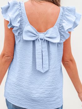 Beau Blue Textured Bow Knot Frilled Butterfly Sleeve Blouse