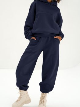 Navy Blue Solid Exposed Seams Hoodie and Joggers Activewear Set