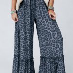 Gray Wild Leopard Print Frilled Detail Drawstring Wide Leg Pants