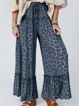 Gray Wild Leopard Print Frilled Detail Drawstring Wide Leg Pants