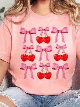 Pink Bow Cherry Print Crew Neck Casual T Shirt
