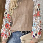 Parchment Floral Patchwork Long Sleeve Ribbed Blouse