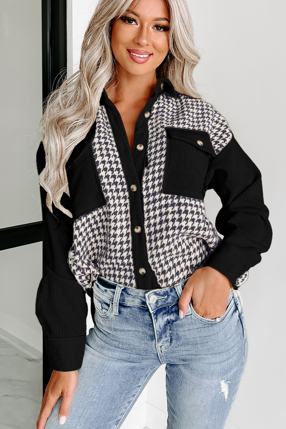 Black Houndstooth Corduroy Patchwork Flap Pocket Shacket - Image 3