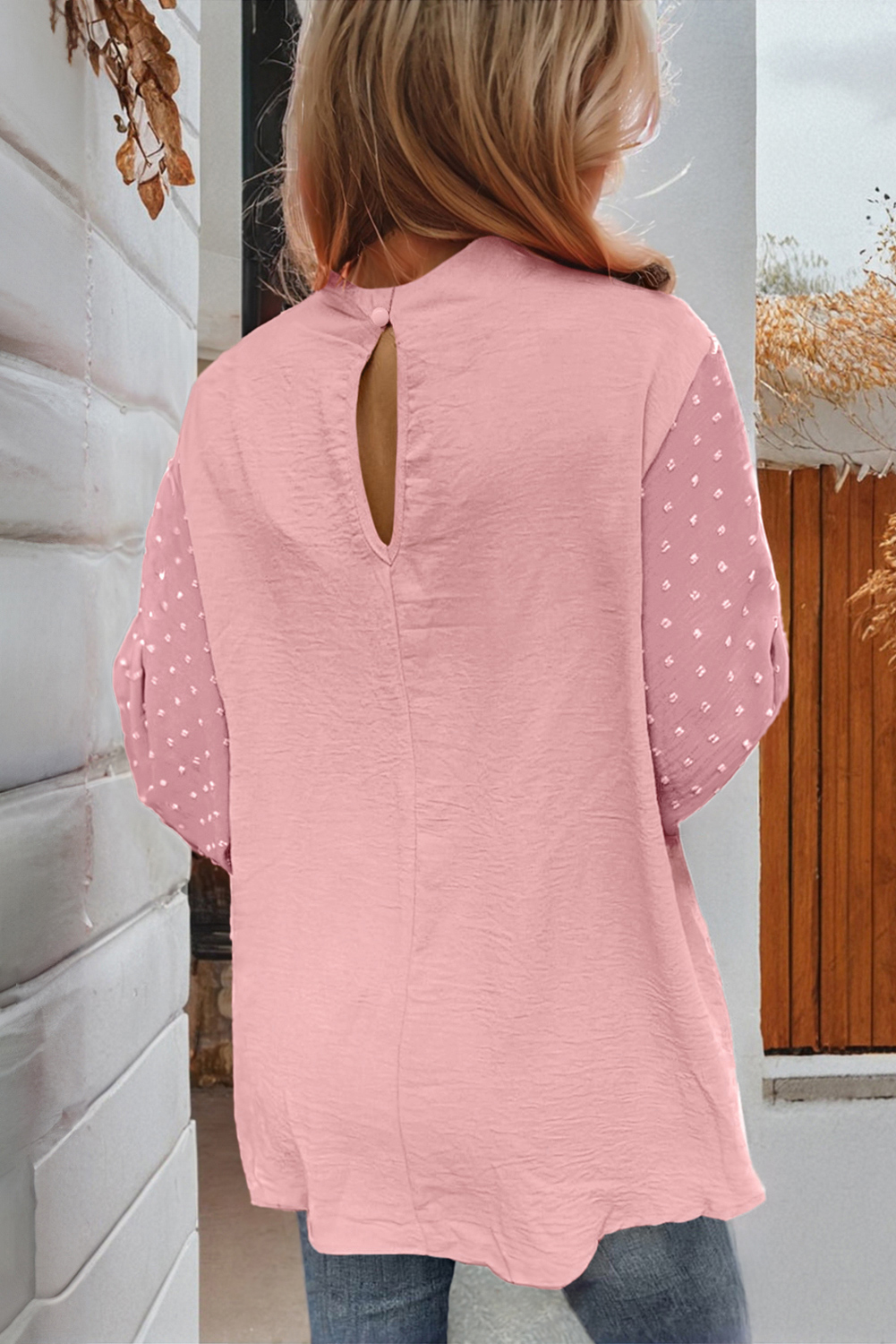 Gossamer Pink Swiss Dot Balloon Sleeve Loose Blouse - Image 2
