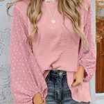 Gossamer Pink Swiss Dot Balloon Sleeve Loose Blouse