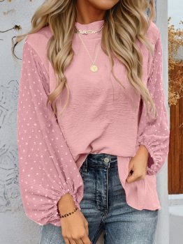 Gossamer Pink Swiss Dot Balloon Sleeve Loose Blouse