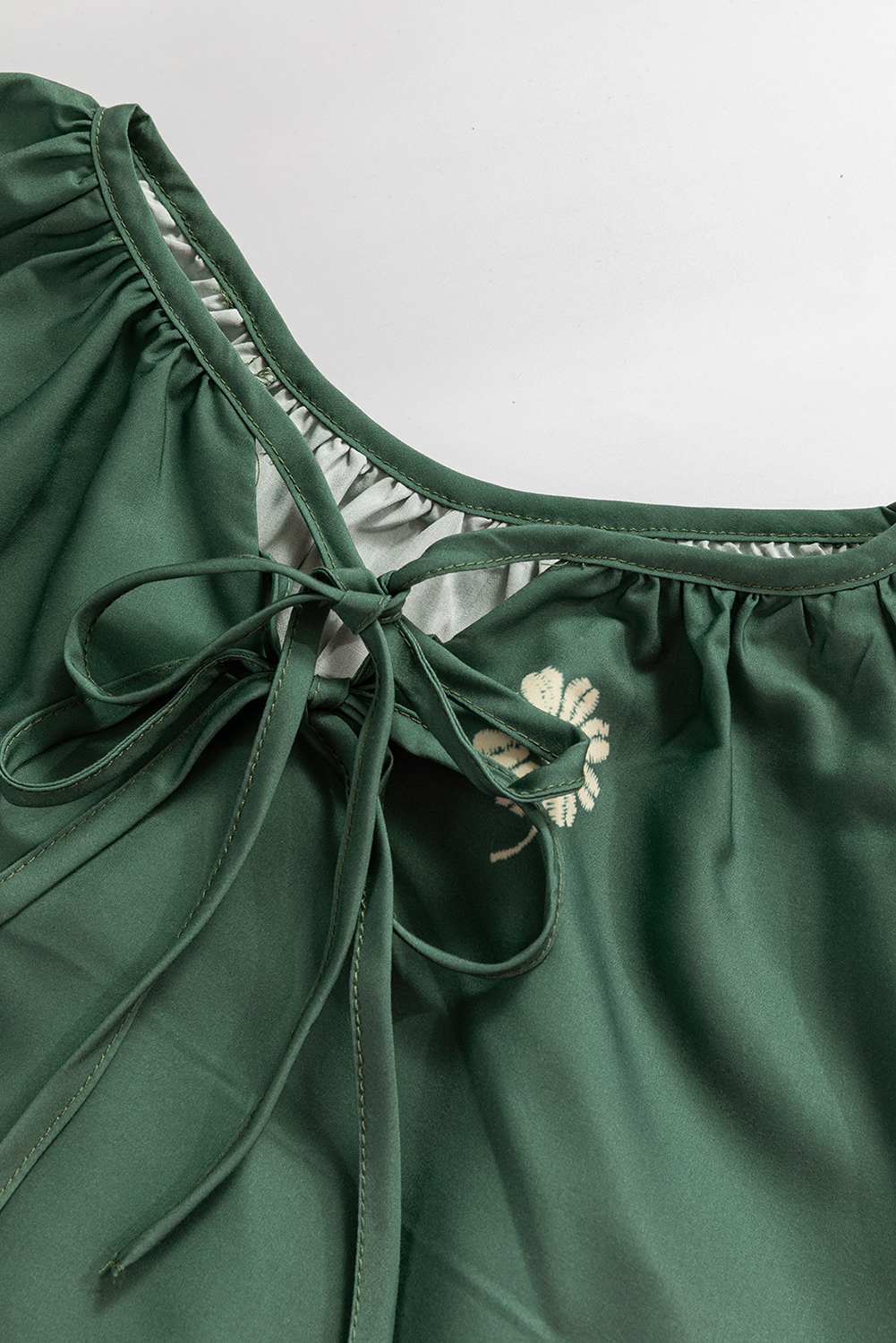 Mist Green Tie Neck Boho Floral Pattern Puff Sleeve Shift Dress - Image 6