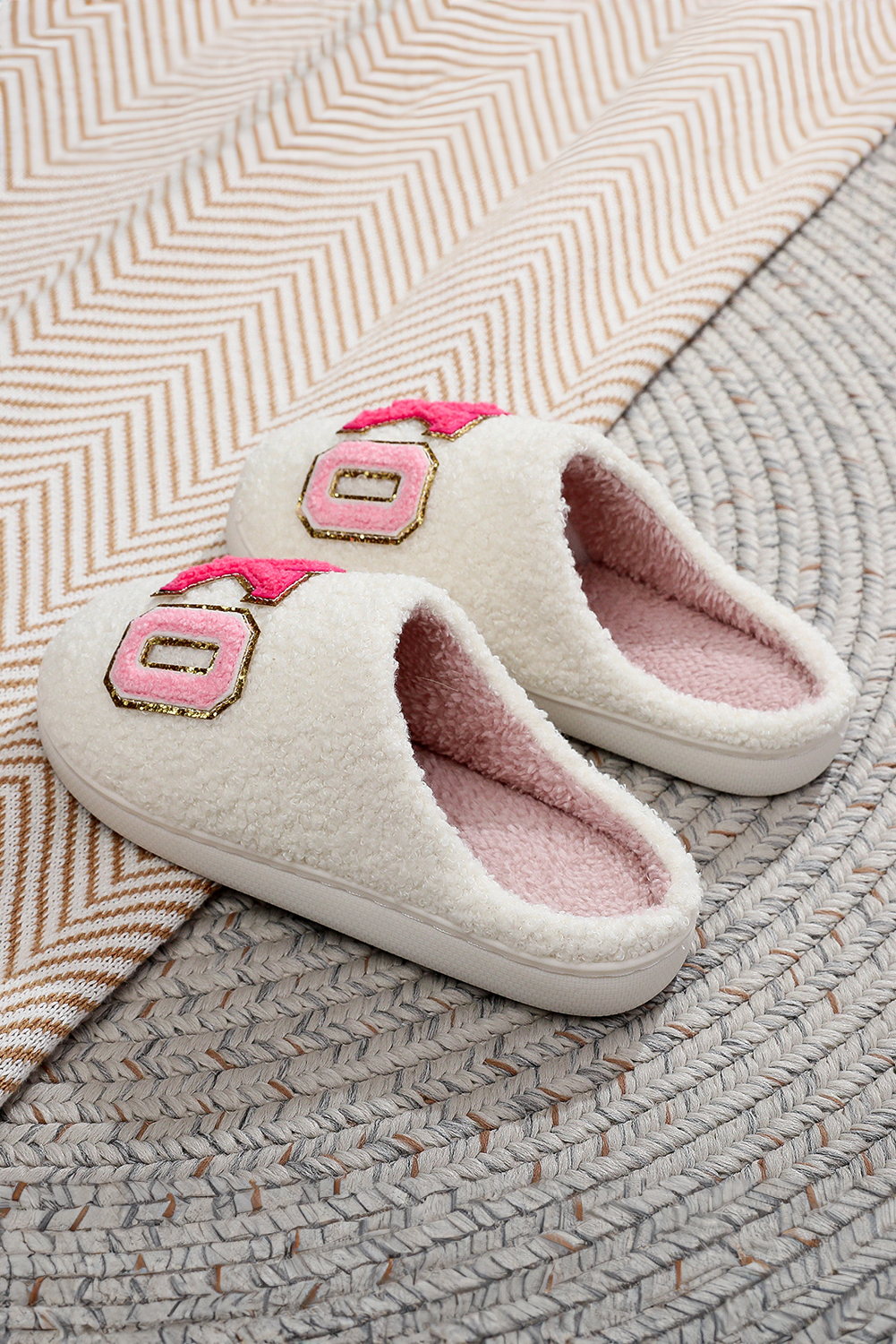 White XO XO Glitter Trim Letter Patched Plush House Slippers - Image 3