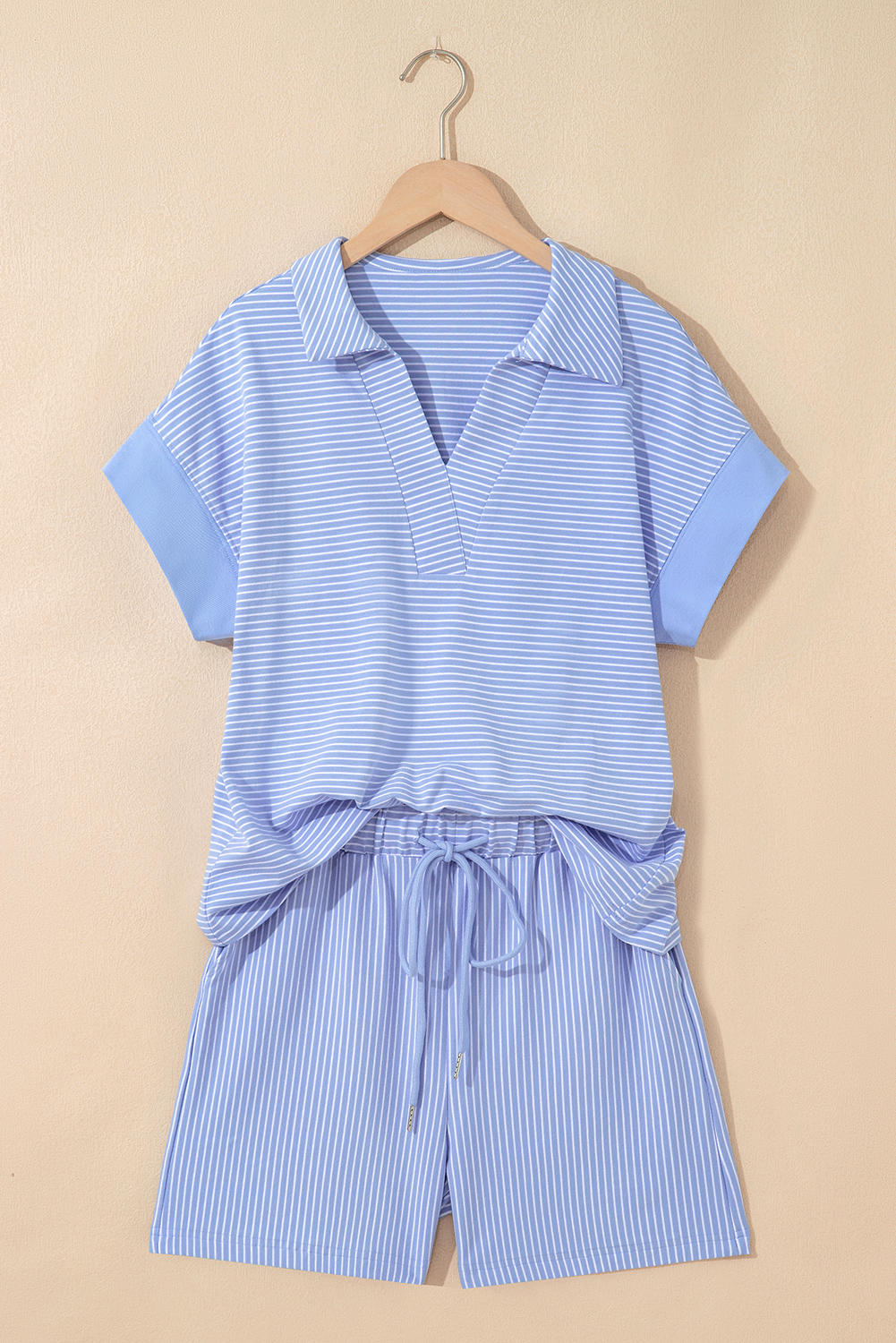 Sky Blue Stripe Dolman Sleeve Polo Shirt and Drawstring Shorts Set - Image 2