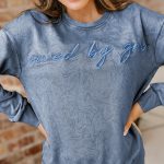 Real Teal saved by grace Letter Embroidery Mineral Wash Loose Sweatshirt