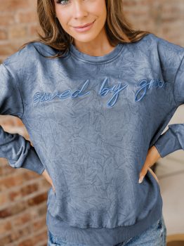 Real Teal saved by grace Letter Embroidery Mineral Wash Loose Sweatshirt