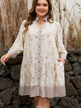 Khaki Plus Size Floral Print Striped Trim Patchwork Button Down A-line Dress