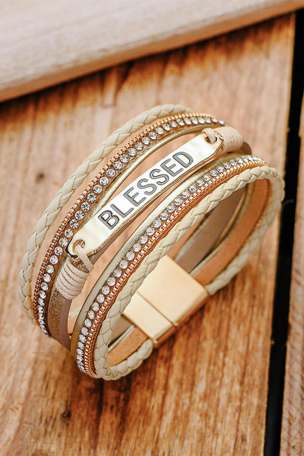 Beige BLESSED Rhinestone Braided Detail Buckle Bracelet - Image 2