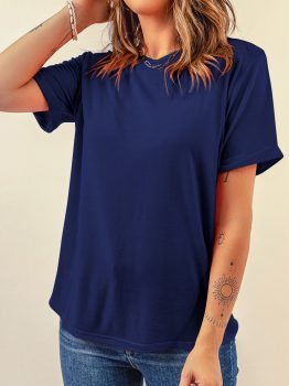 Blue Casual Plain Crew Neck Tee