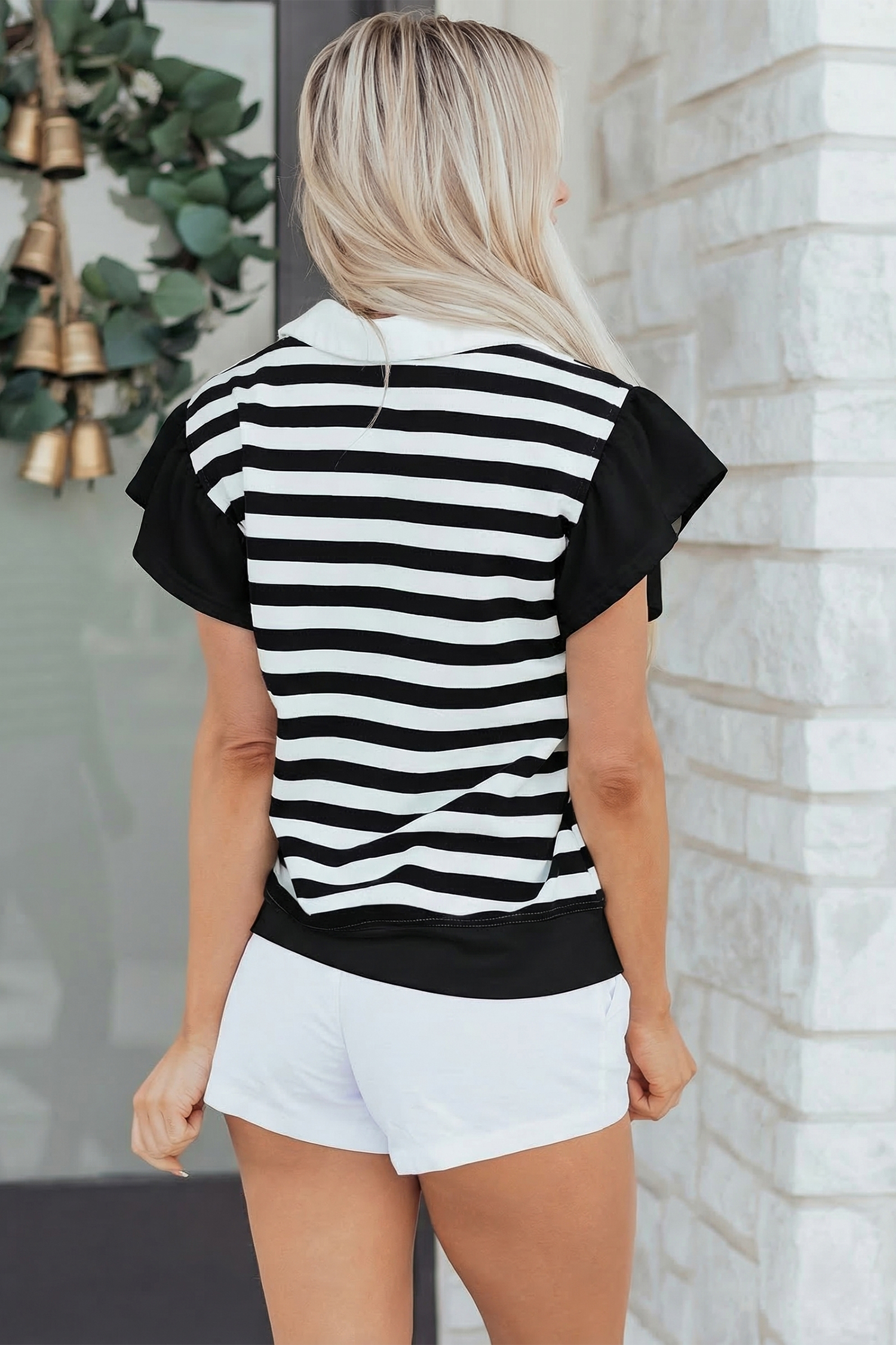 Black Stripe Collar V Neck Ruffled Short Sleeve Blouse - Image 2