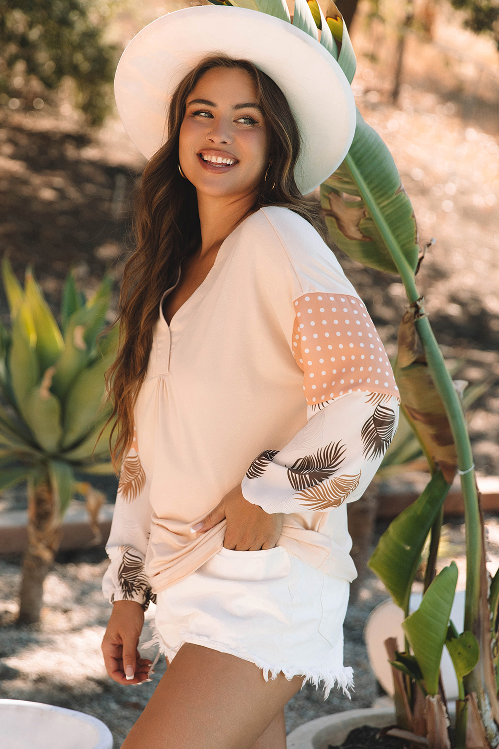 Jet Stream Palm Leaves Polka Dot Puff Sleeve Patchwork V Neck Loose Blouse - Image 3