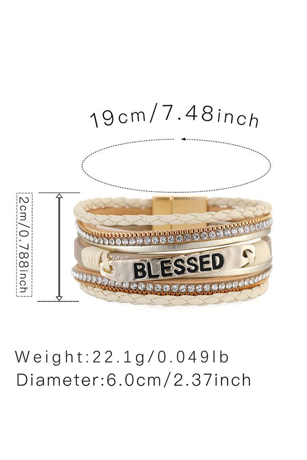 Beige BLESSED Rhinestone Braided Detail Buckle Bracelet - Image 7