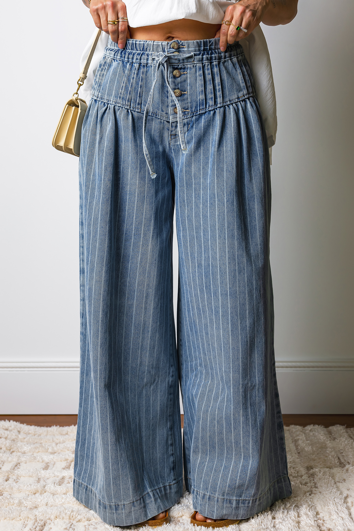 Sky Blue Stripe Button Pleated Drawstring Waist Casual Wide Leg Jeans - Image 5