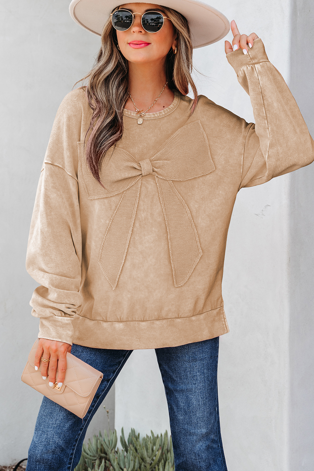 Light French Beige Mineral Wash Big Bow Patchwork Pullover Sweatshirt - Image 4