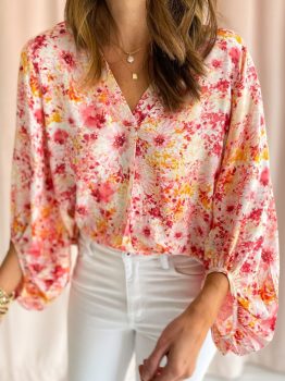 Pink Ditsy Floral Bubble Sleeve V Neck Blouse