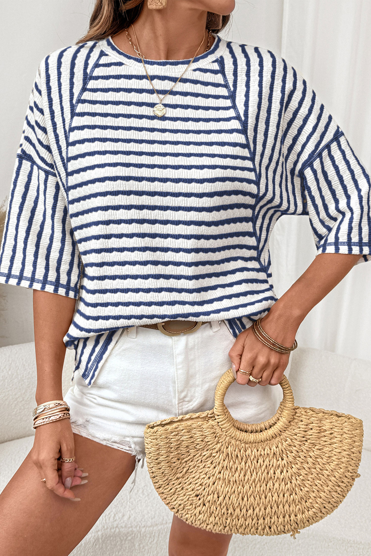 Blue Stripe Textured Knit Split Hem Half Sleeve Loose Top - Image 3
