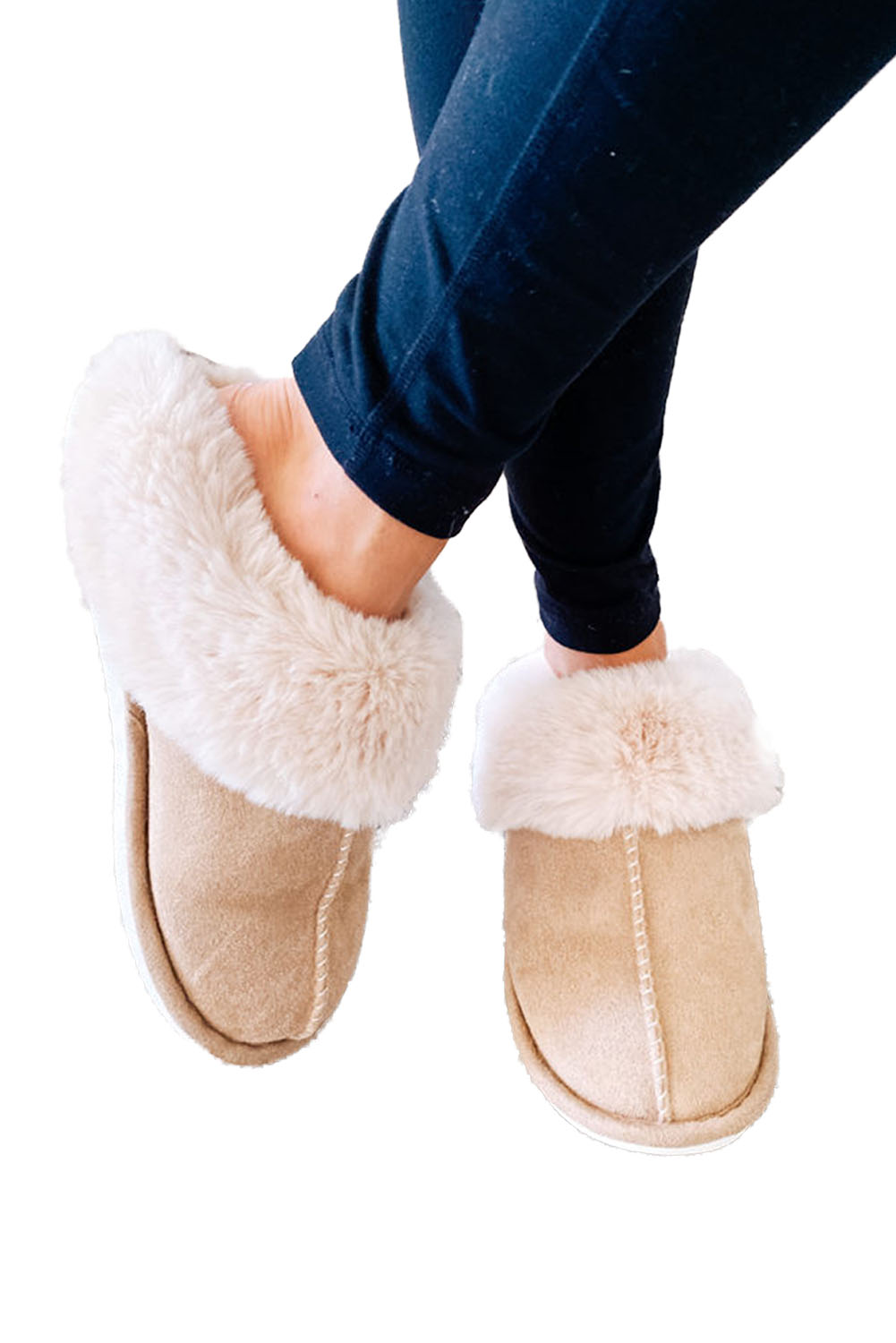 Khaki Cut and Sew Faux Suede Plush Lined Slippers - Image 7