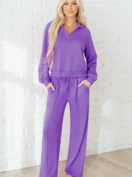 Wisteria Solid Color Collared Pullover and Central Seam Pants Set