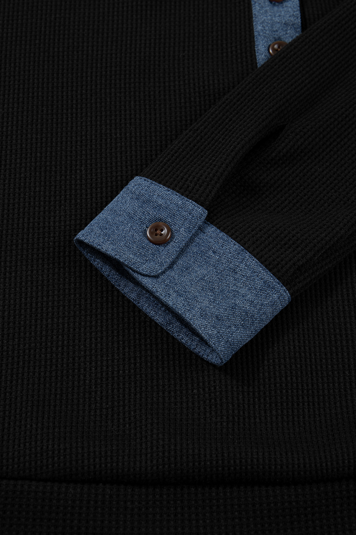 Black Textured Knit Denim Patchwork Button Polo Collar Long Sleeve Top - Image 6