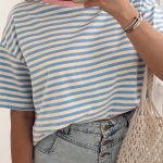 Sky Blue Stripe Contrast Crew Neck Drop Shoulder Loose Tee