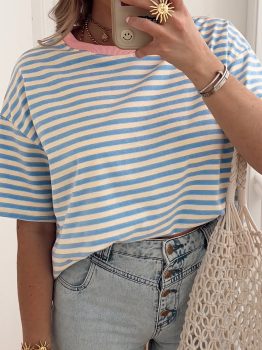 Sky Blue Stripe Contrast Crew Neck Drop Shoulder Loose Tee