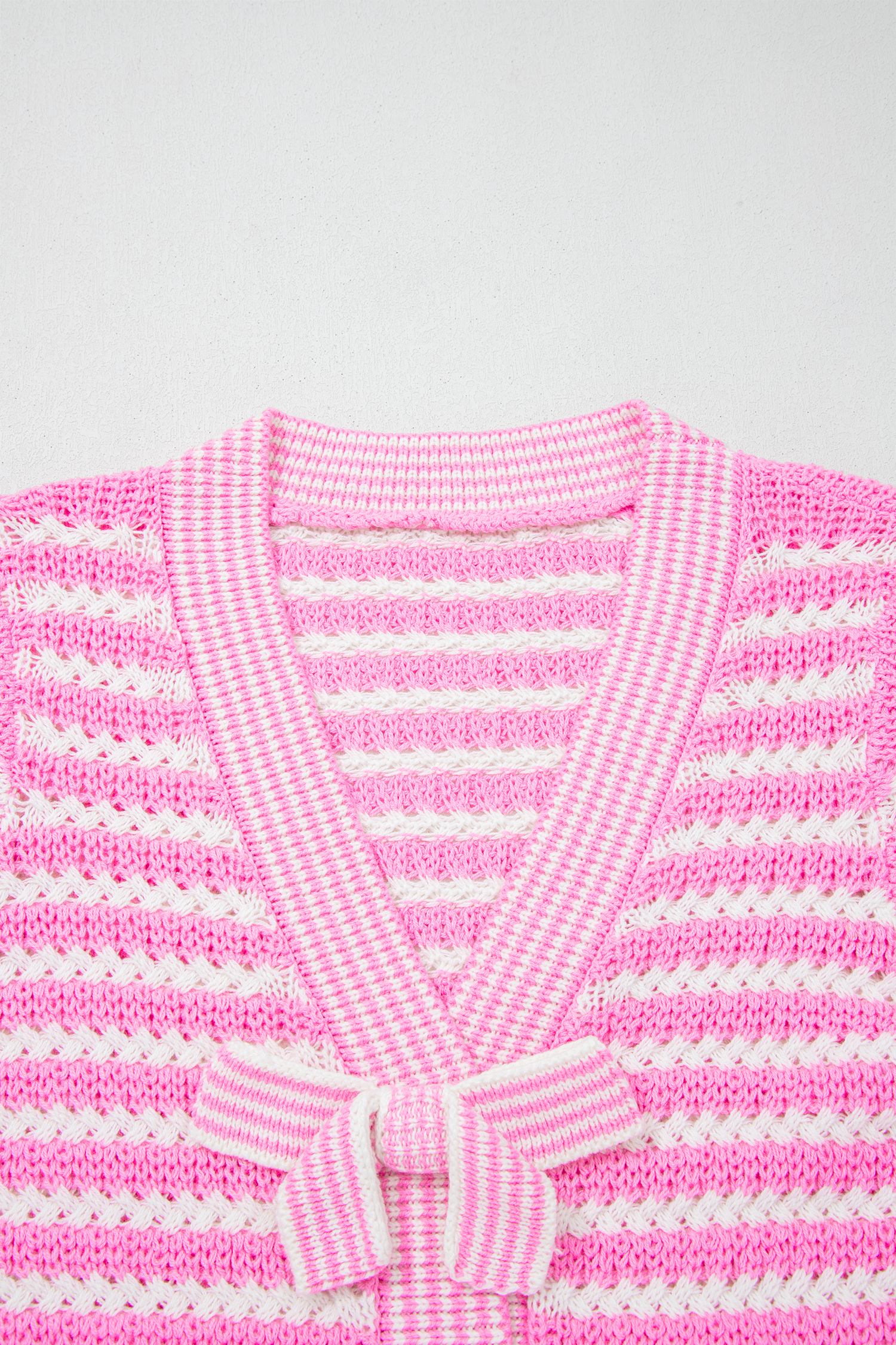 Pink Stripe Short Sleeve Knit V Neck Bow Knot Sweater - Image 6
