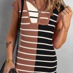 Black Stripe Color Block Quarter Zip Collar Short Sleeve Sweater Dress