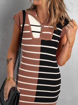 Black Stripe Color Block Quarter Zip Collar Short Sleeve Sweater Dress