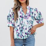 Purple Floral Ricrac Trim Half Sleeve Peplum Top