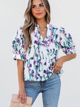 Purple Floral Ricrac Trim Half Sleeve Peplum Top