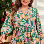 Green Floral Tied V Neck Long Sleeve Plus Size Babydoll Top